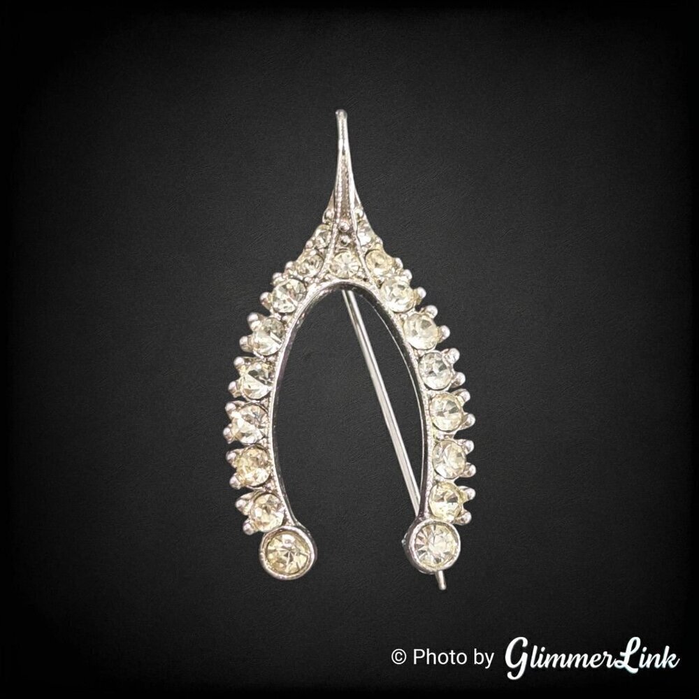 Vintage Bogoff Clear Rhinestone Wishbone Silver Tone Brooch Pin